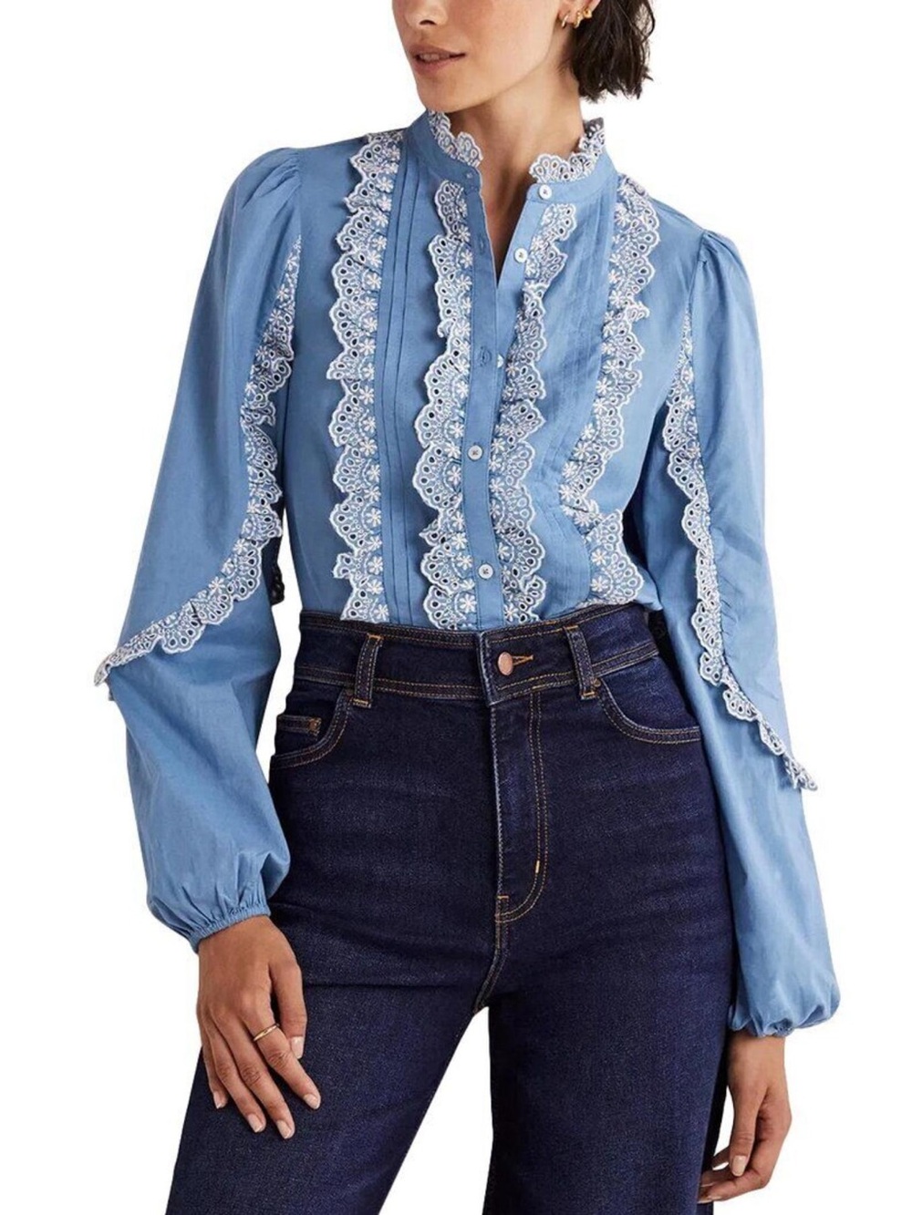Boden Ruffle Sleeve Broderie Blouse Riviera Blue Size 10